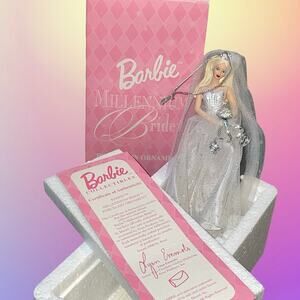 Avon Barbie Millennium Bride Porcelain Ornament 2000 Wedding Silver Dress Box